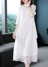 Load image into Gallery viewer, White Chiffon Long Dress Embroideried Asymmetrical Design Summer