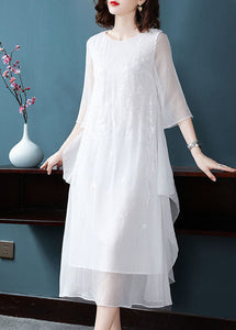 White Chiffon Long Dress Embroideried Asymmetrical Design Summer