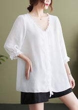 Load image into Gallery viewer, White Patchwork Cotton Shirt Tops Oversized Cinched Half Sleeve