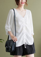 Load image into Gallery viewer, White Patchwork Cotton Shirt Tops Oversized Cinched Half Sleeve