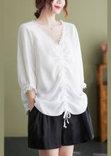 Load image into Gallery viewer, White Patchwork Cotton Shirt Tops Oversized Cinched Half Sleeve