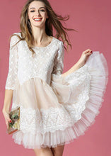 Load image into Gallery viewer, White Patchwork Lace Organza Day Dress O-Neck Exra Large Hem Summer