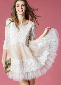 White Patchwork Lace Organza Day Dress O-Neck Exra Large Hem Summer