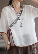 Load image into Gallery viewer, White Patchwork Linen Shirt Embroideried Lace Up Half Sleeve