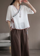 Load image into Gallery viewer, White Patchwork Linen Shirt Embroideried Lace Up Half Sleeve