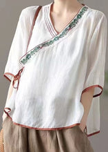 Load image into Gallery viewer, White Patchwork Linen Shirt Embroideried Lace Up Half Sleeve