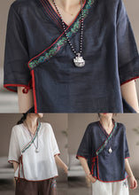 Load image into Gallery viewer, White Patchwork Linen Shirt Embroideried Lace Up Half Sleeve