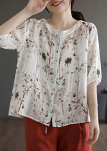 Load image into Gallery viewer, White Print Patchwork Linen Blouse Top Ruffled Half Sleeve