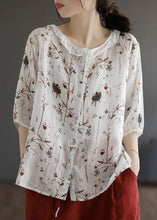 Load image into Gallery viewer, White Print Patchwork Linen Blouse Top Ruffled Half Sleeve