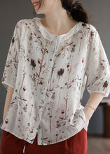 Load image into Gallery viewer, White Print Patchwork Linen Blouse Top Ruffled Half Sleeve