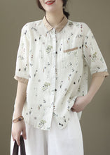 Load image into Gallery viewer, White Print Patchwork Linen Blouses Peter Pan Collar Summer