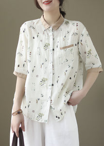 White Print Patchwork Linen Blouses Peter Pan Collar Summer