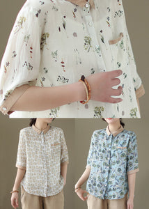 White Print Patchwork Linen Blouses Peter Pan Collar Summer