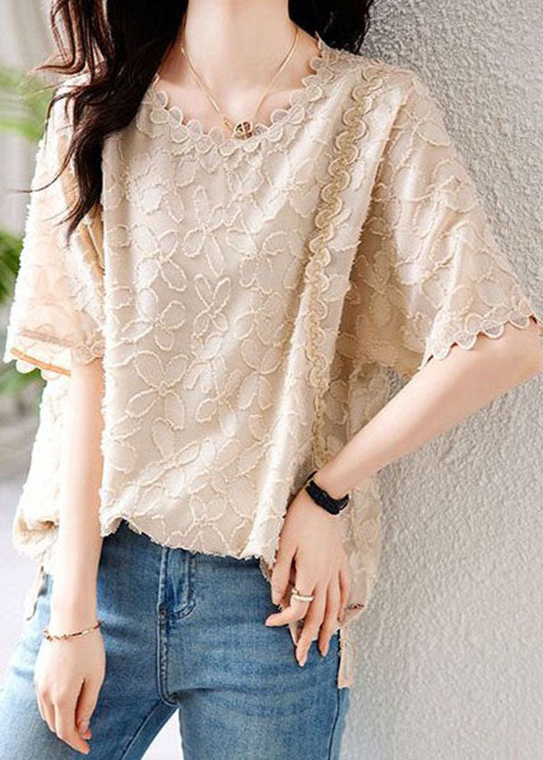 Women Beige O Neck Embroideried Patchwork Chiffon Shirts Summer