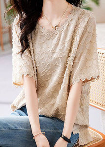 Women Beige O Neck Embroideried Patchwork Chiffon Shirts Summer