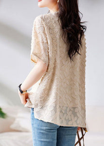 Women Beige O Neck Embroideried Patchwork Chiffon Shirts Summer