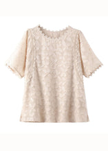 Load image into Gallery viewer, Women Beige O Neck Embroideried Patchwork Chiffon Shirts Summer