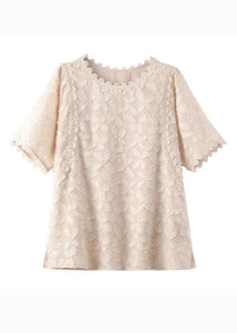 Women Beige O Neck Embroideried Patchwork Chiffon Shirts Summer