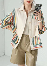 Load image into Gallery viewer, Women Beige Peter Pan Collar Pockets Striped Patchwork Cotton Coat Fall