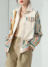 Load image into Gallery viewer, Women Beige Peter Pan Collar Pockets Striped Patchwork Cotton Coat Fall