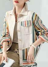 Load image into Gallery viewer, Women Beige Peter Pan Collar Pockets Striped Patchwork Cotton Coat Fall