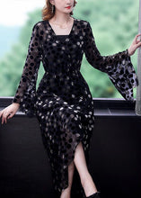 Load image into Gallery viewer, Women Black Cinched Side Open Dot Silk Velour Maxi Dress Flare Sleeve