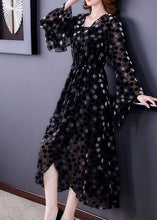 Load image into Gallery viewer, Women Black Cinched Side Open Dot Silk Velour Maxi Dress Flare Sleeve