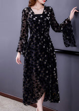 Load image into Gallery viewer, Women Black Cinched Side Open Dot Silk Velour Maxi Dress Flare Sleeve