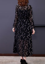 Load image into Gallery viewer, Women Black Cinched Side Open Dot Silk Velour Maxi Dress Flare Sleeve