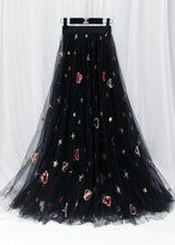 Load image into Gallery viewer, Women Black Hearts Embroideried Floral Sequins Tulle Long Skirt Spring