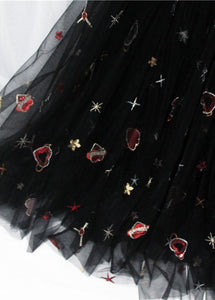 Women Black Hearts Embroideried Floral Sequins Tulle Long Skirt Spring