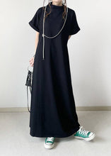 Load image into Gallery viewer, Women Black Hign Neck Patchwork Cotton Ankle Dress Batwing Sleeve