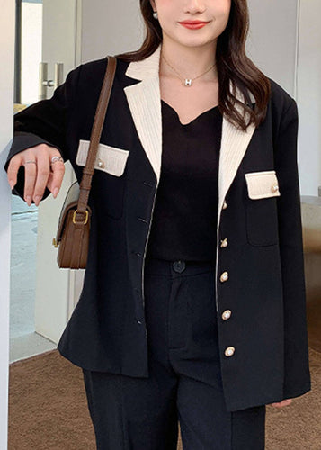 Women Black Notched Button Patchwork Spandex Coat Fall