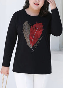 Women Black O-Neck Zircon Cotton T Shirt Fall