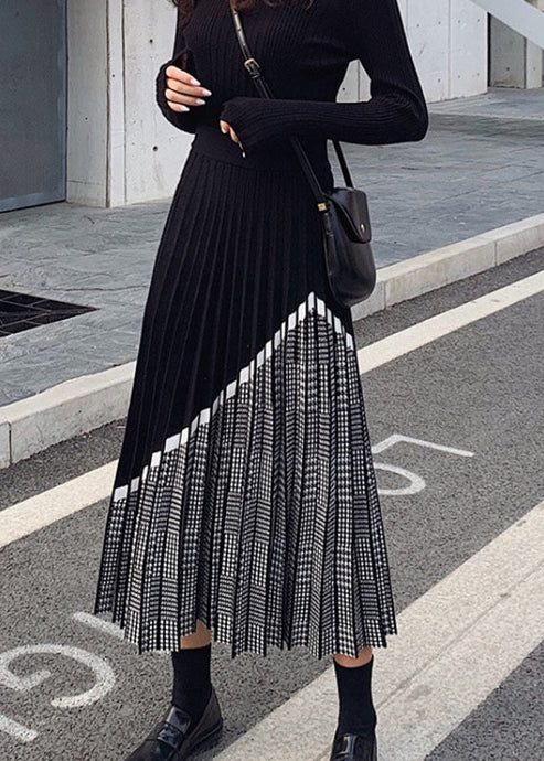 Women Black Patchwork Plaid Knit Skirts Winter