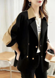 Women Black Peter Pan Collar Button Patchwork Cotton Coat Fall