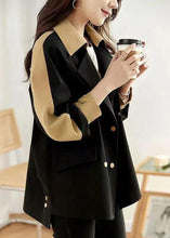 Load image into Gallery viewer, Women Black Peter Pan Collar Button Patchwork Cotton Coat Fall