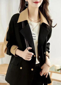 Women Black Peter Pan Collar Button Patchwork Cotton Coat Fall