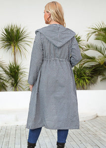 Women Black Plaid Cinched Button Maxi Hooded Coat Fall