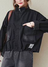 Load image into Gallery viewer, Women Black Pockets zippered drawstring Fall Denim Long sleeve Coat