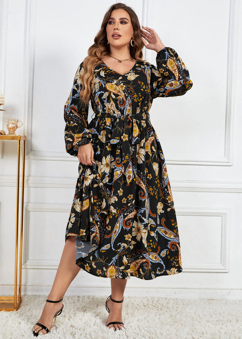 Women Black Print Tie Waist Patchwork Cotton Dresses Fall