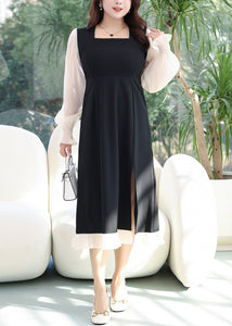 Women Black Ruffled Front Open Cotton Dresses Flare Sleeve