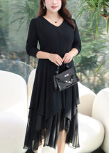 Load image into Gallery viewer, Women Black V Neck Asymmetrical Patchwork Cotton Dress Fall