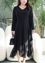 Load image into Gallery viewer, Women Black V Neck Asymmetrical Patchwork Cotton Dress Fall