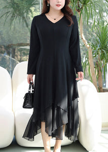 Women Black V Neck Asymmetrical Patchwork Cotton Dress Fall