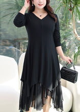 Load image into Gallery viewer, Women Black V Neck Asymmetrical Patchwork Cotton Dress Fall