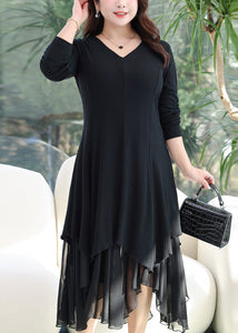 Women Black V Neck Asymmetrical Patchwork Cotton Dress Fall