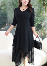 Load image into Gallery viewer, Women Black V Neck Asymmetrical Patchwork Cotton Dress Fall