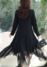 Load image into Gallery viewer, Women Black V Neck Asymmetrical Patchwork Cotton Dress Fall