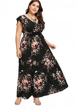 Load image into Gallery viewer, Women Black V Neck Print Patchwork Chiffon Long Dresses Short Sleeve